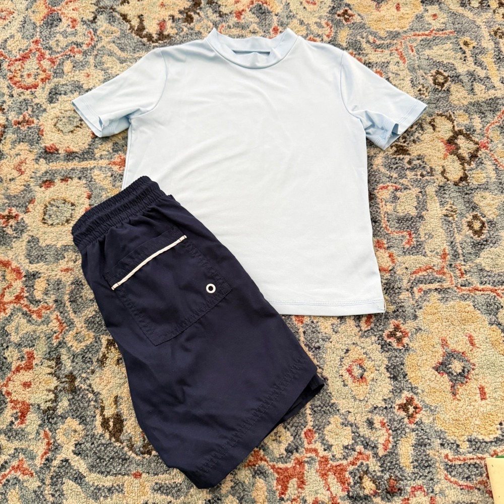 Cat & Jack Old Navy Swim Set Boys 8 Blue Rash Guard Trunks Summer EUC